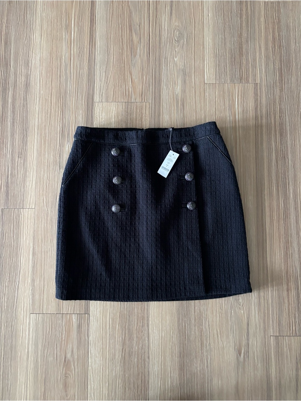 White House Black Market Mini Skirt Black Tweed Button 4 NWT Preppy Academia